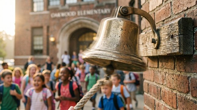 Vintage school bell ringing at school entrance morning scene