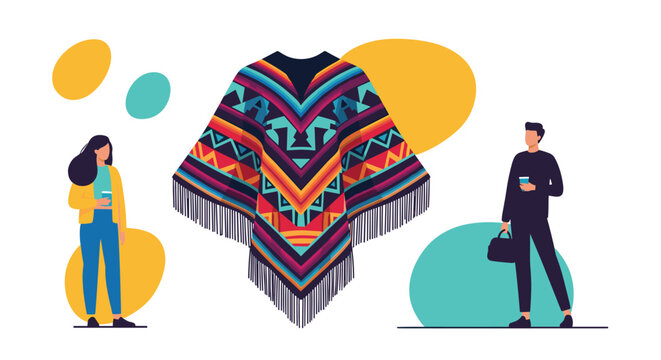 Large colorful poncho with intricate geometric patterns is showcased alongside two people and abstract background elements.