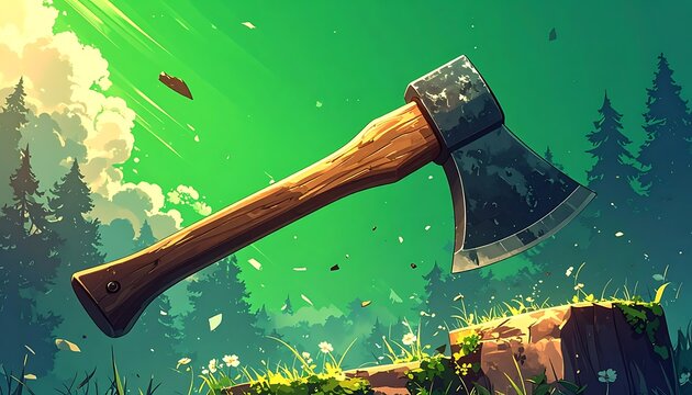 Axe on a tree stump in forest.