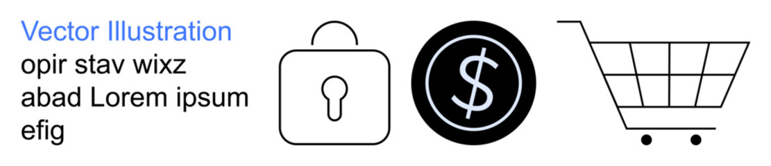 Online shopping, security, e-commerce, financial transactions, digital payments, protection. Lock, dollar sign and shopping cart icons. Online shopping and security concept © robu_s