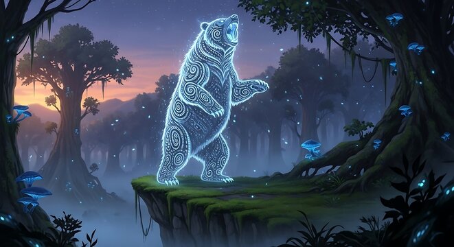 Glowing bear figure stands on a cliff edge in an enchanted forest scene