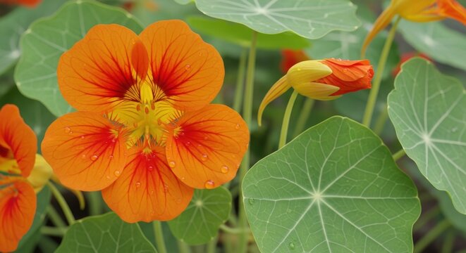 Orange Nasturtium Flower Blooming in Garden with Raindrops for Culinary and Organic Gardening Concepts