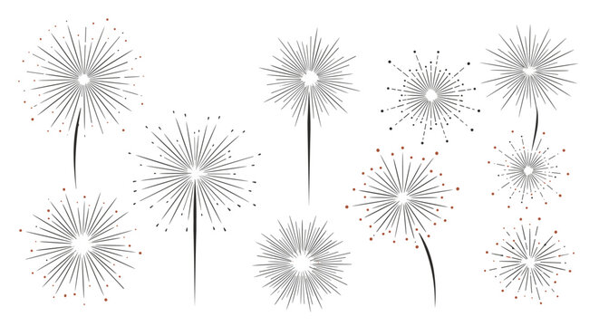 Assorted collection of simple firework or sparkler burst designs in black line art with various radial patterns and dots.