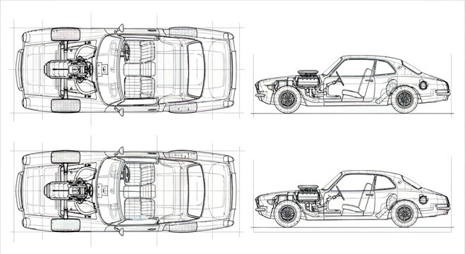 Vintage Muscle Car Technical Blueprint with Top and Side Views showing Engine and Interior Details