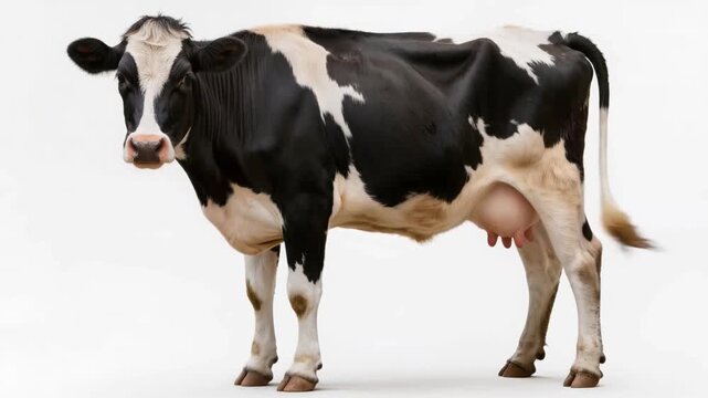 Holstein dairy cow standing isolated on white background, full body farm animal with black and white pattern, agriculture livestock concept
