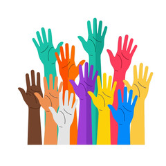 Fototapeta premium Diverse Hands Raised Up, Voting, Volunteering, Community, Teamwork, Diversity