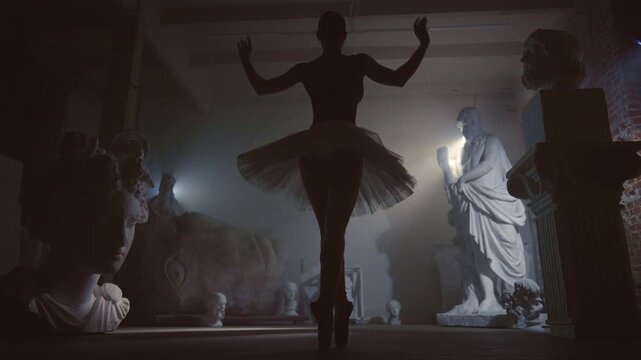 Charming young woman in white tutu dancing in darkness, slow motion shot. Beautiful ballerina performing classical choreography, enjoy music and dance show, choreography class in school of arts