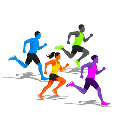 Fototapeta premium Diverse runners in colorful athletic wear competing in a race, dynamic motion illustration