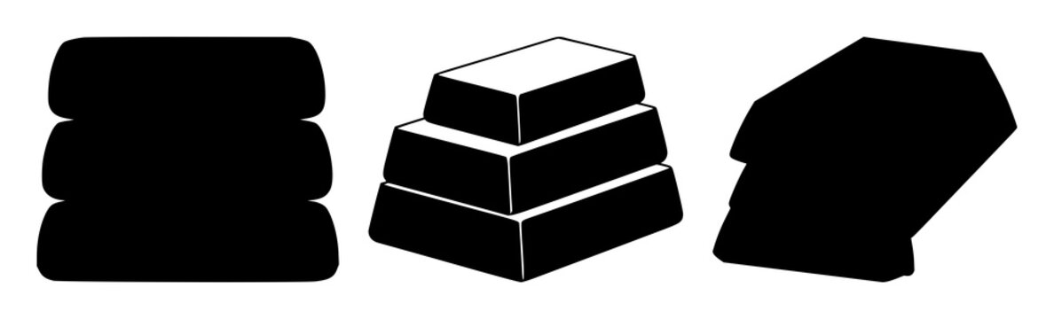 Gold bar stack set with solid black icons on white background featuring currency, finance, investment with monetary value and precious metals