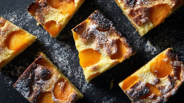 Apricot clafoutis cropped into multiple fragments placed across frame edges, suggesting continuation