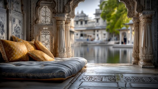 Serenity Inside a Carved Stone Haveli Bedroom with Traditional Screens