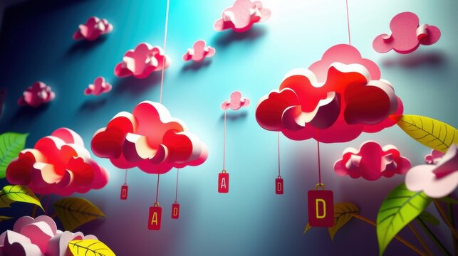 Paper clouds hang, vibrant pink hues dominate scene. Leaves frame edges, light shines through shapes. Letters dangle below.