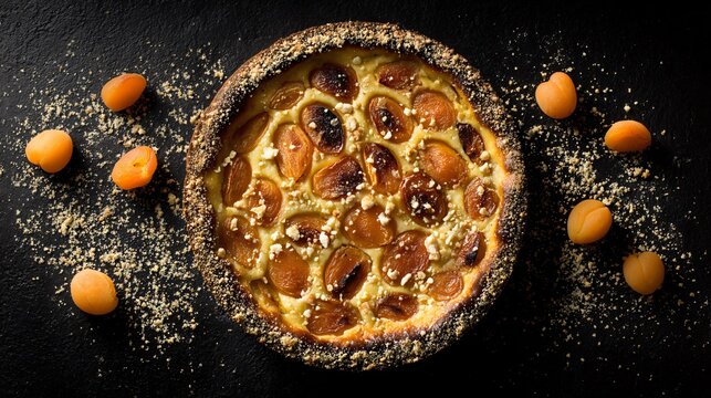Apricot clafoutis placed in center while a ring of crushed apricot pits forms a rough textured halo around it on a dark background