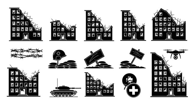 War destruction cityscape icons set.