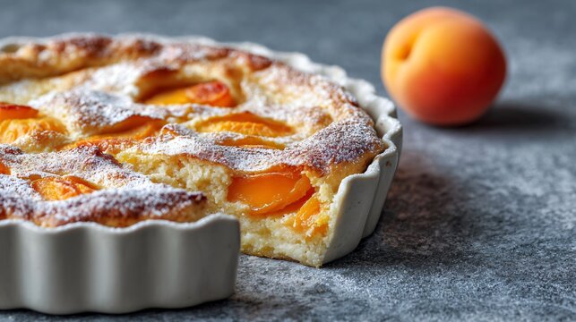 Apricot clafoutis placed partially outside the frame so only one curved edge of the baking dish is visible, the rest implied, set on a cool grey stone surface with a single apricot half
