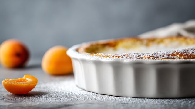 Apricot clafoutis placed partially outside the frame so only one curved edge of the baking dish is visible, the rest implied, set on a cool grey stone surface with a single apricot half