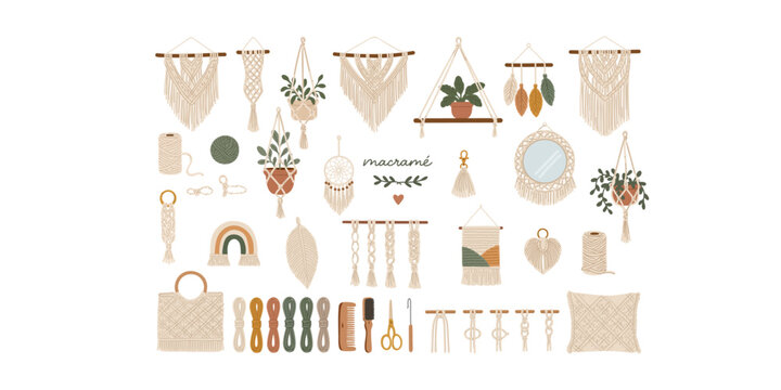 macrame decor elements set isolated on white background boho style