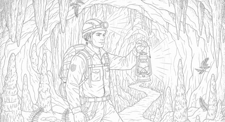 Obraz premium Cave explorer with lantern discovering underground cavern illustration