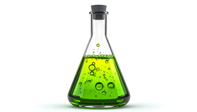 Green Liquid in Erlenmeyer Flask with Bubbles.