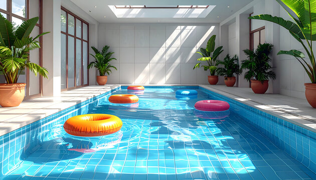 Indoor Swimming Pool with Floating Rings and Natural Light.