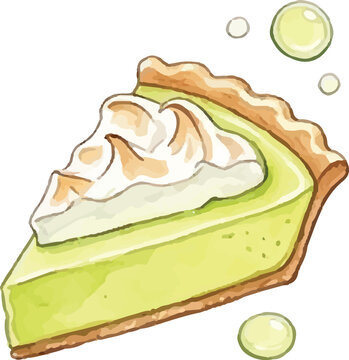 Watercolor Key Lime Pie Slice Illustration - Creamy Lime Pie with Whipped Cream Clipart