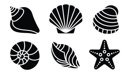 Collection of seashell and starfish silhouette vector icons set isolated on white background for beach nautical ocean and summer design. © REBEKA