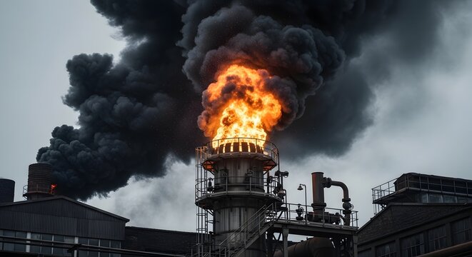 Industrial flare stack burning excess gases with thick black smoke plumes