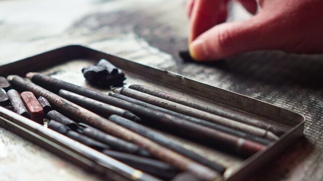 Close-up of used charcoal crayons with an artist working softly out of focus, evoking dedication, craft, and immersive creative flow in a quiet studio.