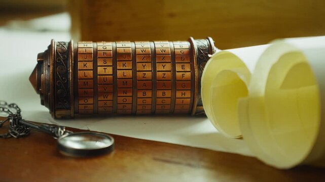 Slow pan across a desk revealing a cryptex, papers, and magnifier, evoking hidden messages, puzzles, and investigative or escape room style storytelling.