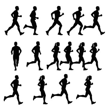 Silhouettes of diverse runners in motion, showcasing athletic activity and fitness.