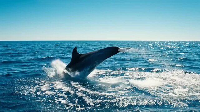 Orca whale breaching in the ocean, a powerful marine mammal in its natural habitat, showcasing its incredible agility and strength