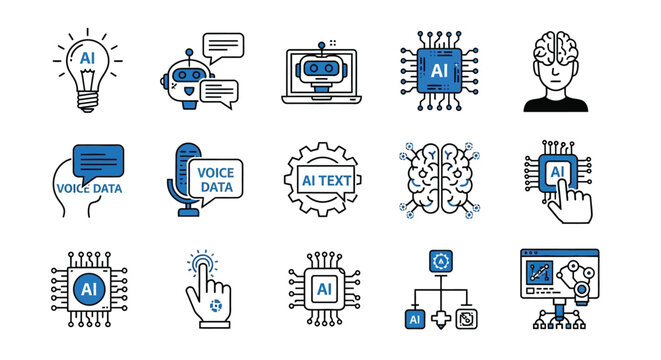 Artificial intelligence icons, brain, robot, computer chip, light bulb with AI, voice data, AI text, hand touching screen.