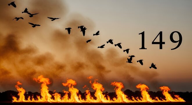 Flock of birds flying above a raging wildfire with number 149 overlay