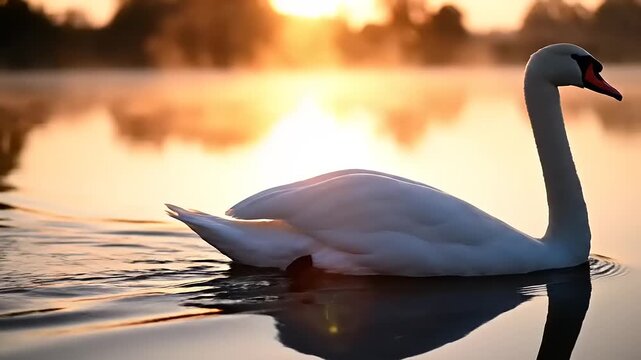 Majestic Swan Glides Gracefully on a Calm Lake at Sunrise