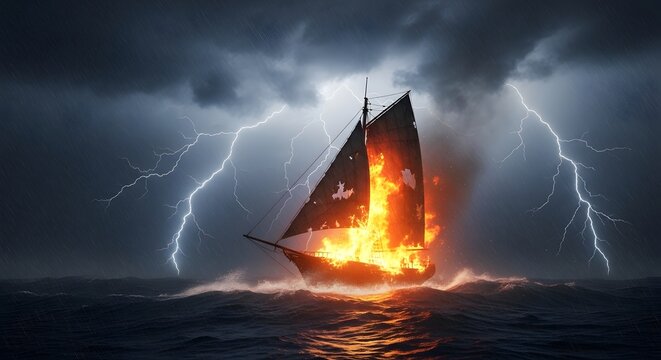 Burning ship in a storm a dramatic scene of maritime disaster and intense weather