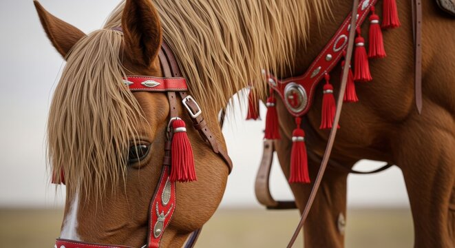 Brown horse with ornate red tassels and traditional leather bridle in a meadow for cultural heritage and equestrian festival promotion.
