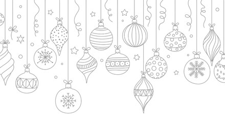 Christmas festive ornaments hanging on strings isolated pattern backdrop for seasonal holiday decoration greeting card design elements in simple line art style. © Snek