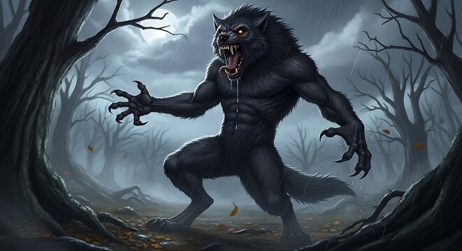 Fierce werewolf illustration in dark forest with atmospheric lighting