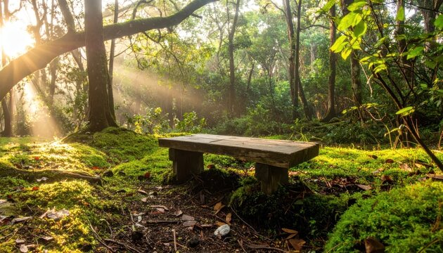 Sunlit Bench in a Tranquil Forest Glade.
