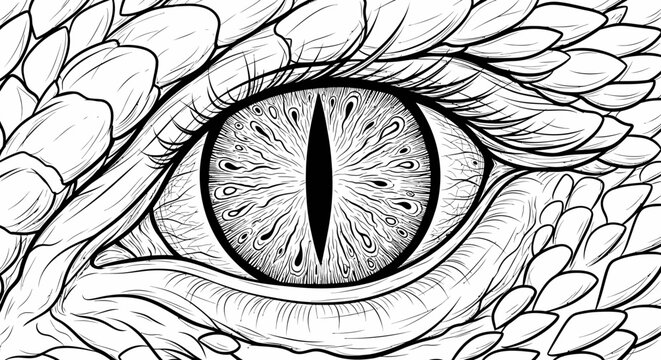 Close up illustration of an intricate eye with detailed scales and eyelashes