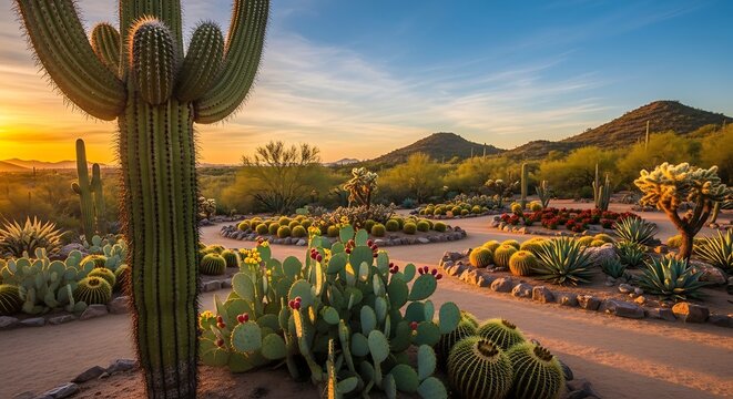 Desert landscape with cacti and mountains under a sunset sky