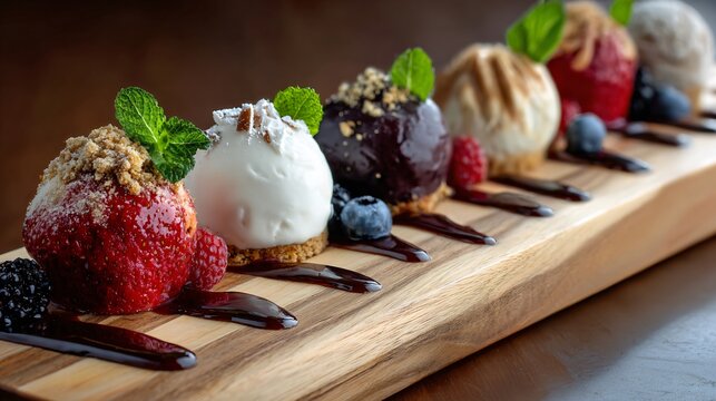 Dessert arranged diagonally on a long narrow wooden board, emphasizing direction and flow
