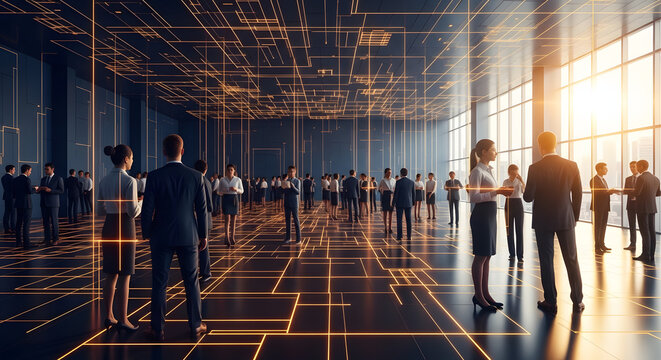 A large group of business professionals gathered in a modern, expansive office space with futuristic digital network overlays.