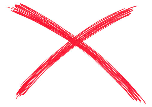 Hand-drawn red x mark sign isolated on transparent background.