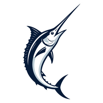 Blue vector illustration of a jumping swordfish mascot with sea animal silhouettes for a nature logo design