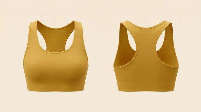 Front and back view of a mustard yellow women's sports bra racerback crop top, isolated on a clean background for mockup.