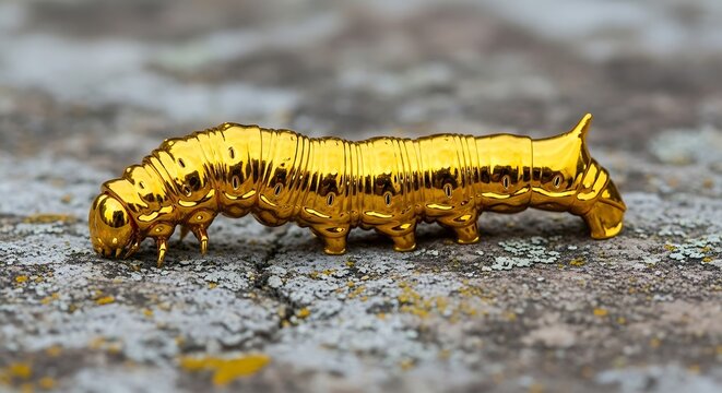 Golden caterpillar sculpture on textured stone surface closeup