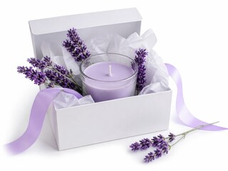 Lavender scented candle in a glass jar presented inside an open white gift box with soft tissue paper and fresh lavender stems isolated on pure white background eye level view clean studio lighting