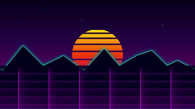 Retro Synthwave Sunset with Neon Mountains and Grid Horizon