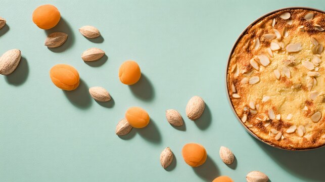 Overhead composition where apricot clafoutis sits extremely off-center on a pastel pistachio background, while a trail of apricot pits forms a loose path leading diagonally across the frame